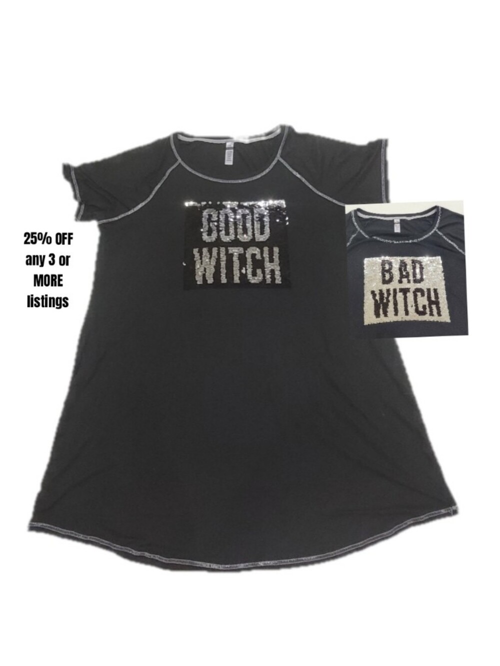 2X Good Witch Bad Witch Flip-Sequin Sleep Tee Shirt Dress Soft Comfy Metalic